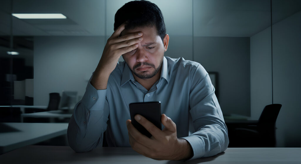 Homem preocupado olhando para o celular