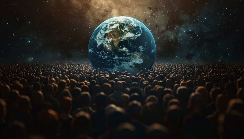 Multidão olhando para o planeta Terra.