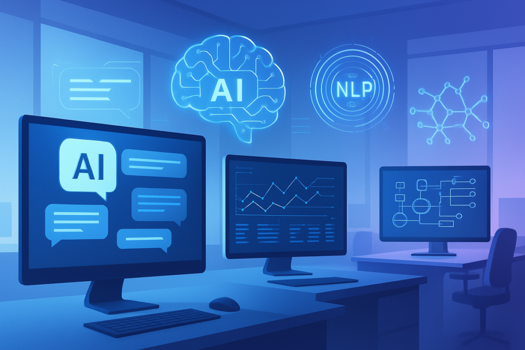 Telas com interfaces IA e dashboards