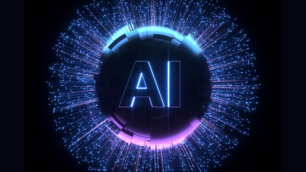 AI no centro com luzes azuis e roxas