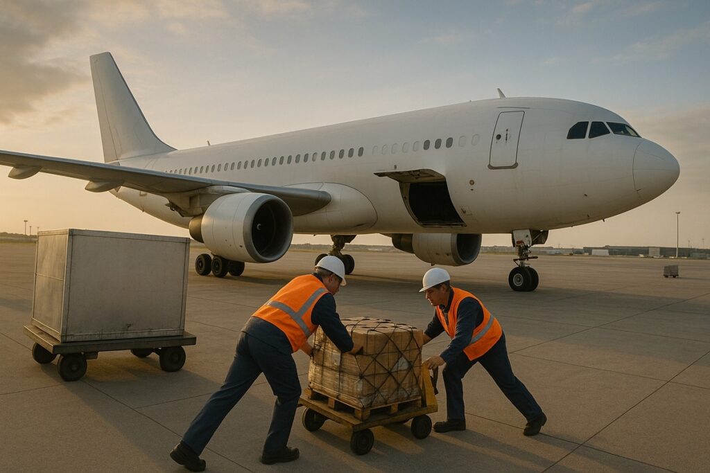 Pessoas colocam mercadorias em avião