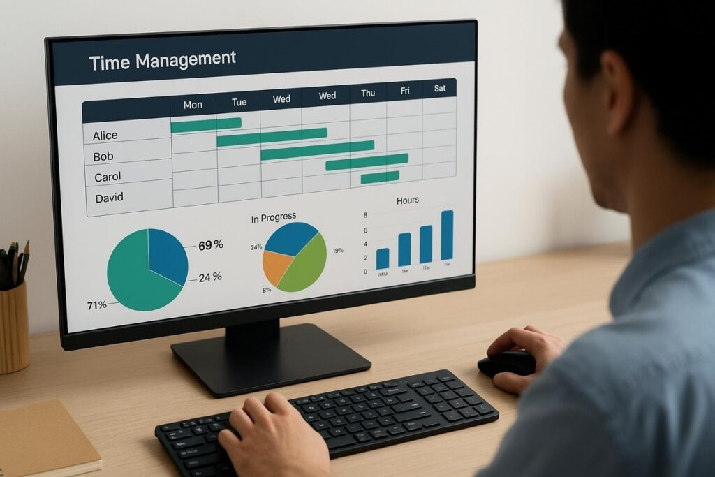 Uma pessoa gerenciando o tempo por um sistema de timesheet