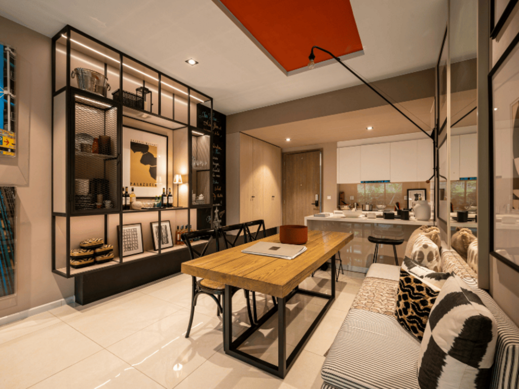 Sala de estar com mesa de jantar
