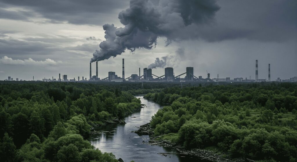 Industria, vegetação e rio