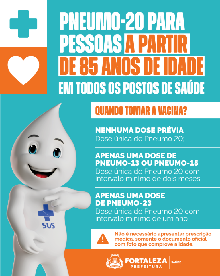 Prefeitura de Fortaleza disponibiliza vacina Pneumo 20 para idosos a partir de 85 anos