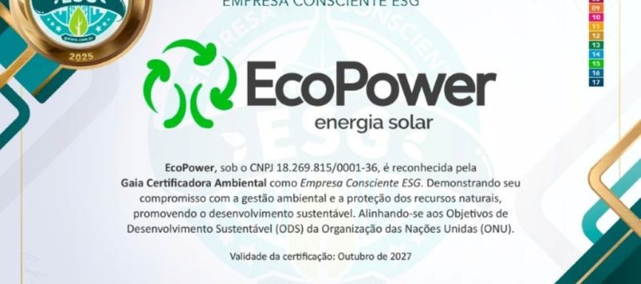 EcoPower é reconhecida com certificado ESG